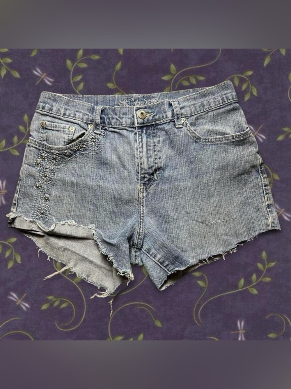 Denim Cutoff Shorts with Studded Detail - Light Blue